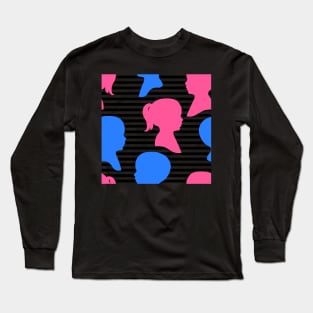 Child Silhouettes - Pink and Blue on Stripped Background Long Sleeve T-Shirt